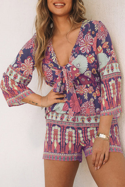 Purple Vintage Printed 3/4 Sleeves V Neck Romper - Mudiwa 