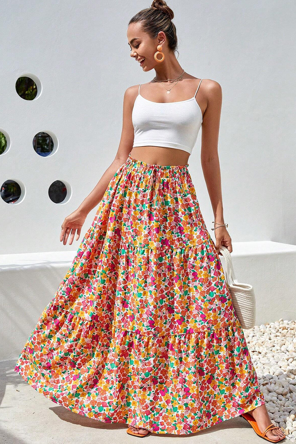 Yellow Boho Floral Print Tiered Long Skirt - Mudiwa 