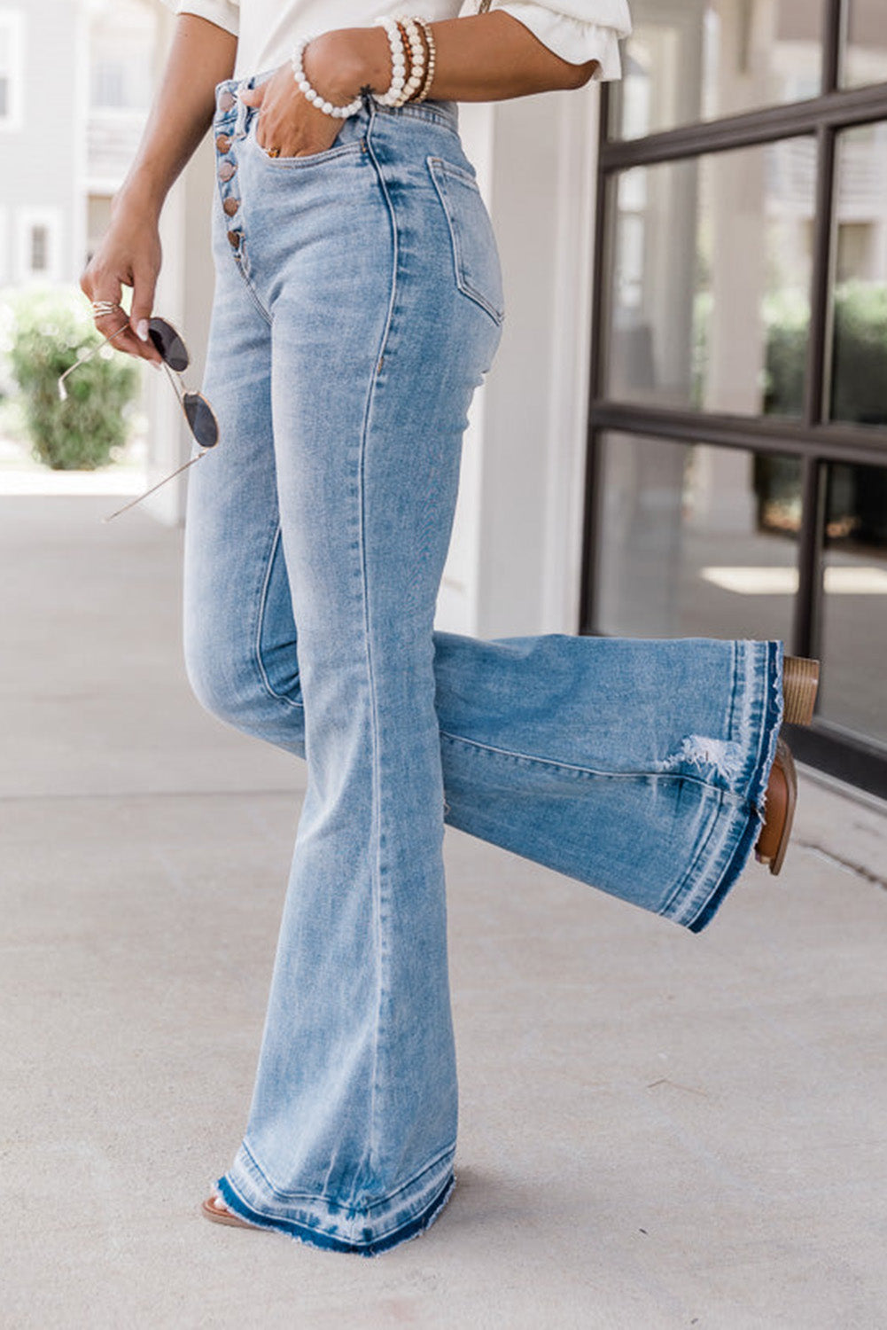 Sky Blue High Waist Buttoned Distressed Flared Jeans - Mudiwa 