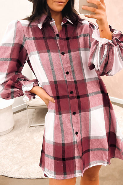 Plaid Pattern Collared Neck Ruffled Sleeve Shirt Dress - Mudiwa 