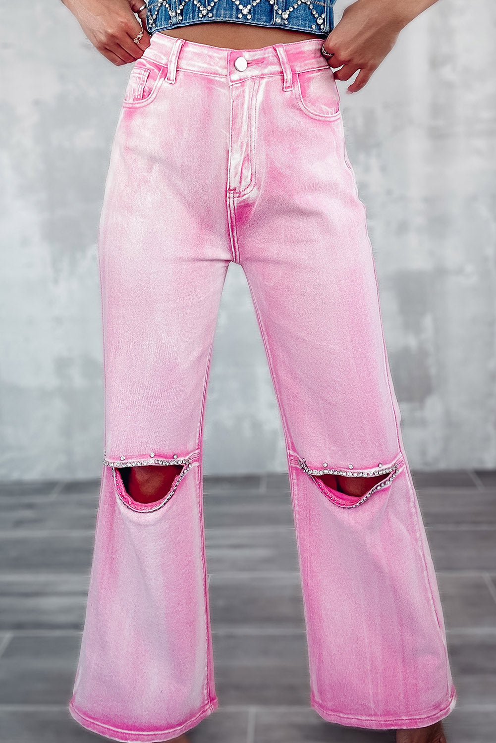 Pink High Waist Rhinestone Cutout Wide Leg Jeans - Mudiwa 