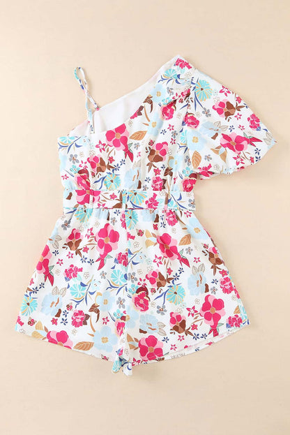 White Floral Single Bubble Sleeve Slant Shoulder Romper - Mudiwa 