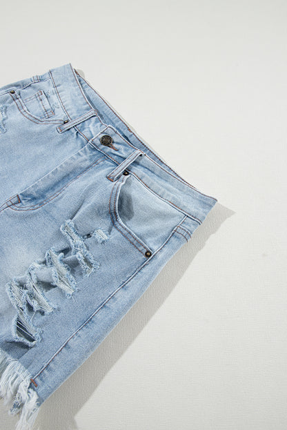 Light Blue Distressed Ripped Raw Hem High Waist Denim Shorts - Mudiwa 