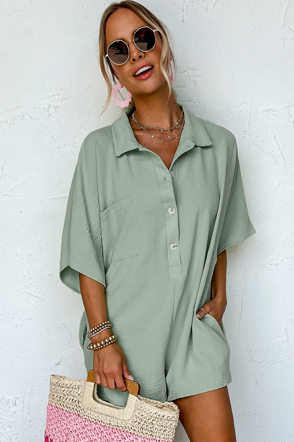 Spinach Green Half Button Collared Loose Romper - Mudiwa 