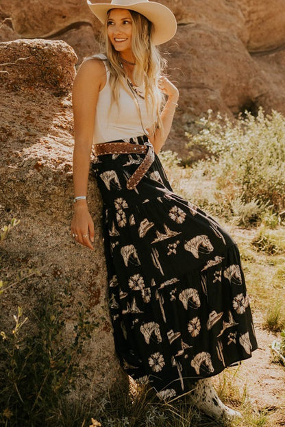 Black Western Print Tiered Ruffled High Waist Maxi Skirt - Mudiwa 