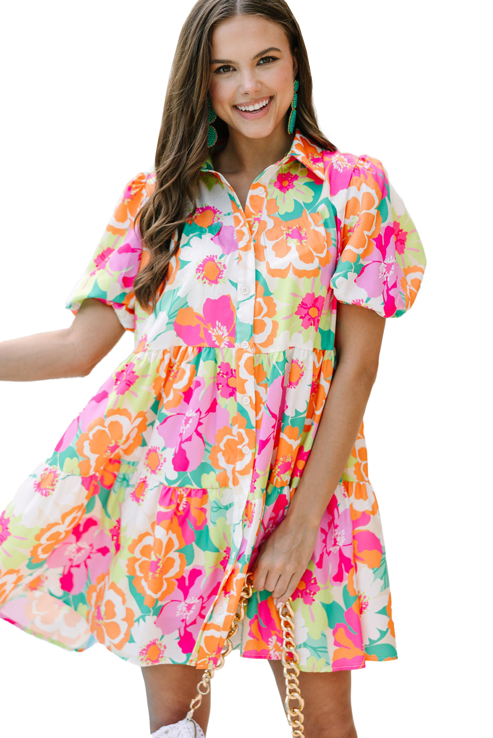 Pink Floral Puff Sleeve Collar Buttoned Babydoll Dress - Mudiwa 