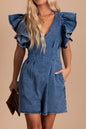 Blue Ruffle Pleated Denim Romper with Pockets - Mudiwa 