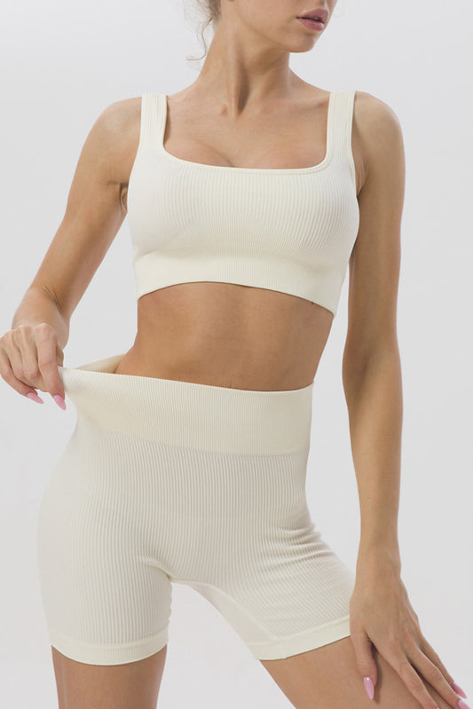 White 2pcs Solid Color Ribbed Knit Yoga Set - Mudiwa 