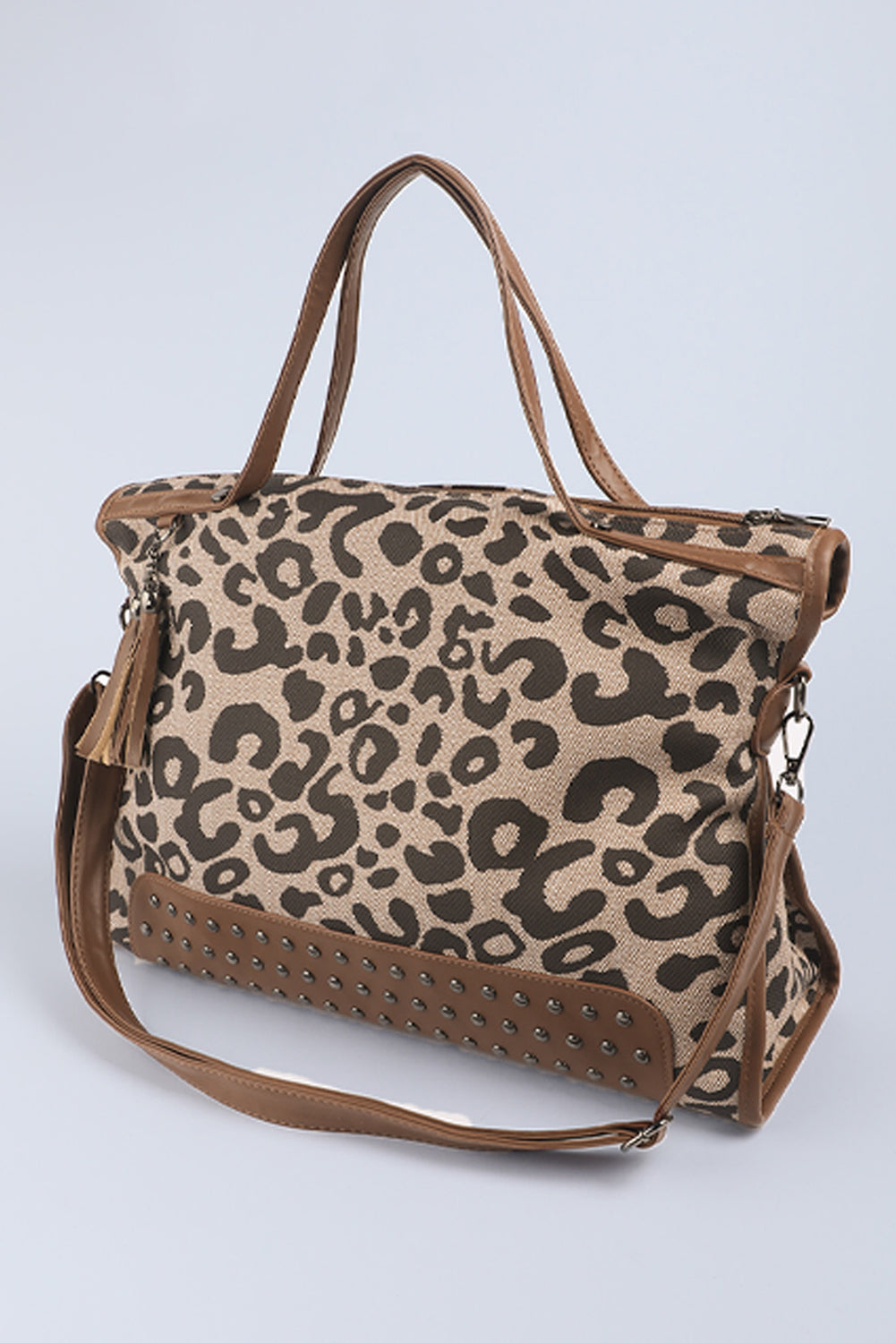 Leopard Print Studded Tassel Zipper Tote Bag - Mudiwa 