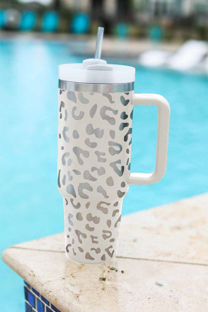 White Leopard Print 40OZ Stainless Steel Portable Cup with Handle - Mudiwa 