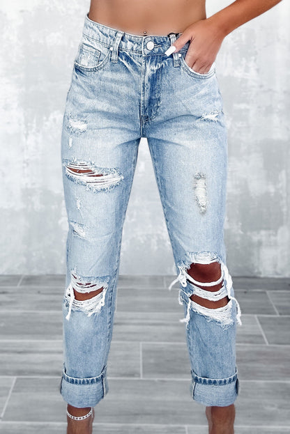 Sky Blue Light Wash Frayed Slim Fit High Waist Jeans - Mudiwa 