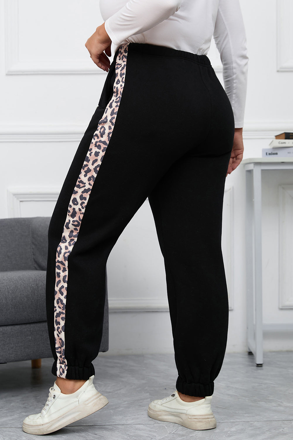 Black Plus Size Contrast Leopard Side Panel Joggers - Mudiwa 