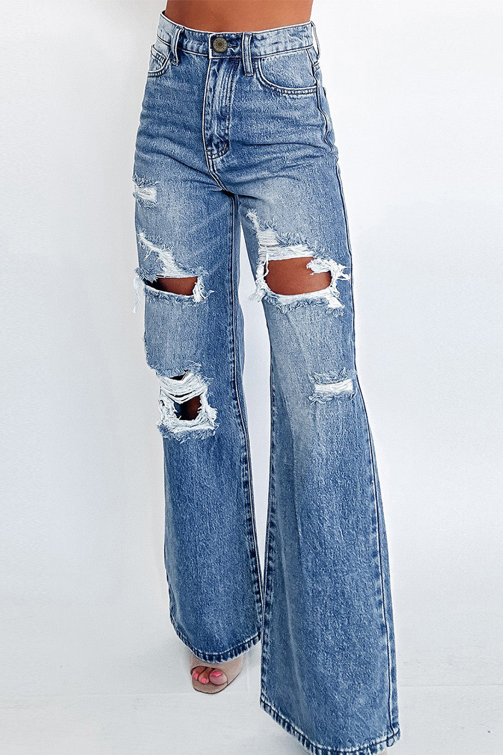 Ashleigh Blue Acid Wash Distressed Wide Leg High Waist Jeans - Mudiwa 