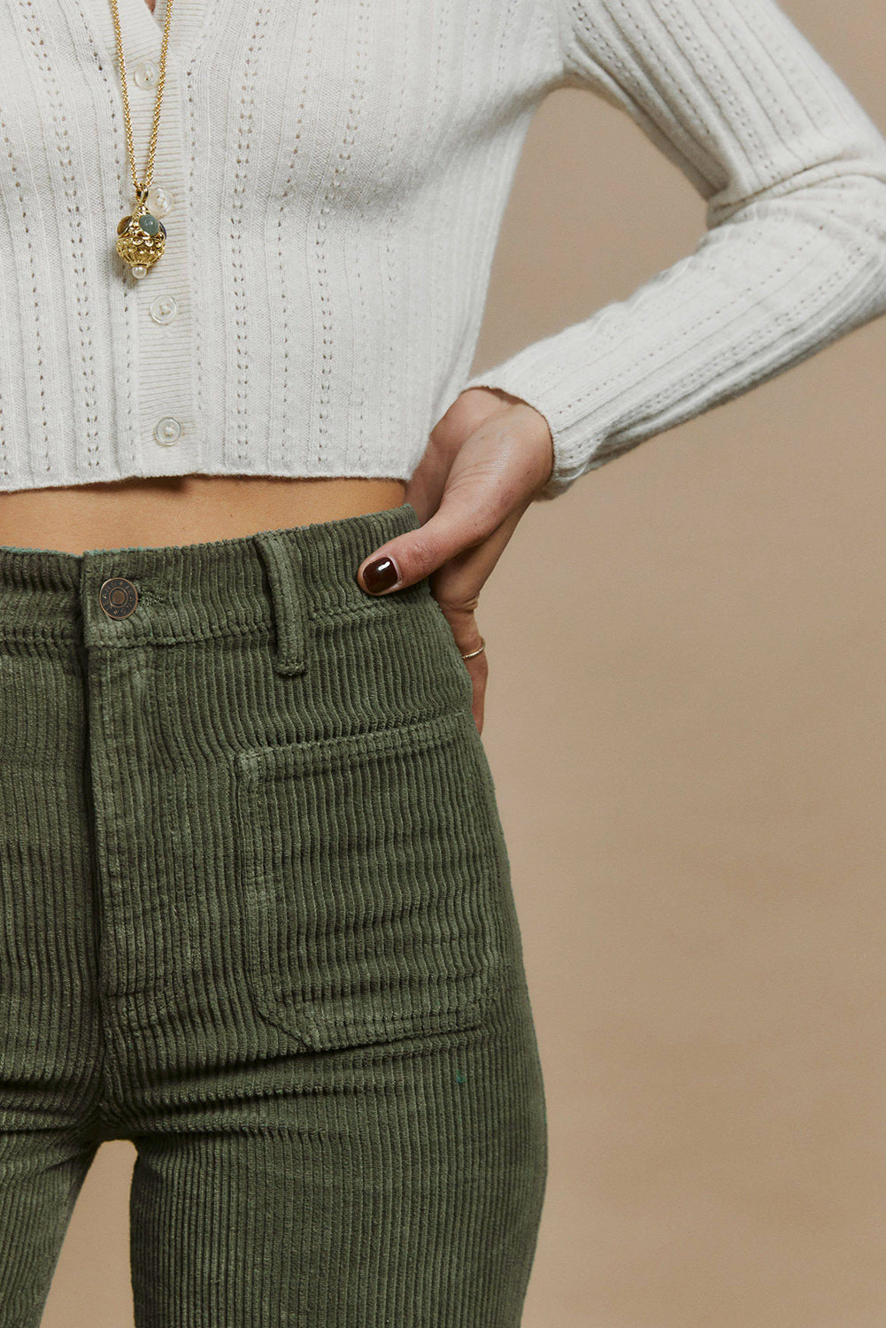 Green High Waist Square Pockets Corduroy Pants - Mudiwa 