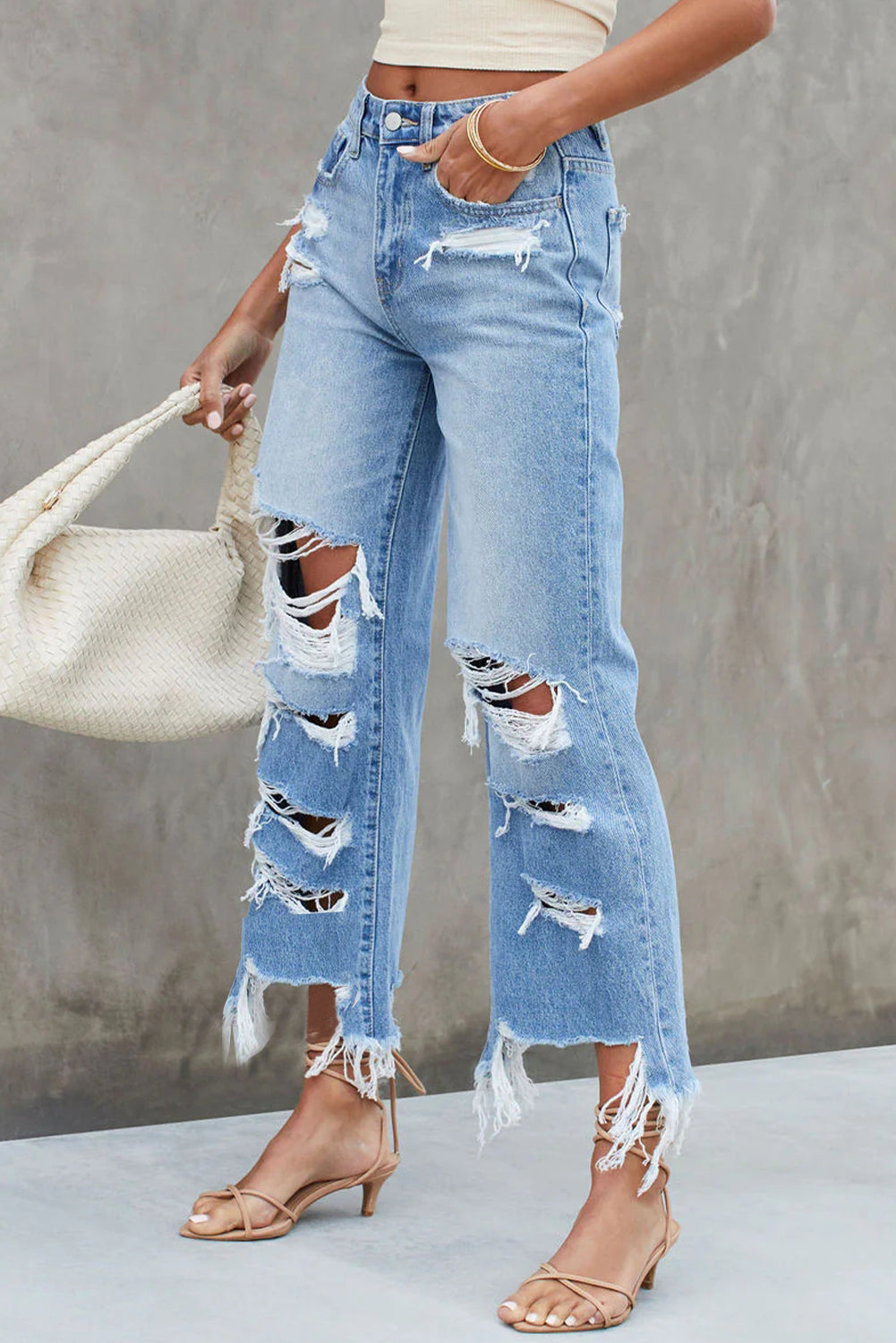 Sky Blue Heavy Destroyed High Waist Jeans - Mudiwa 