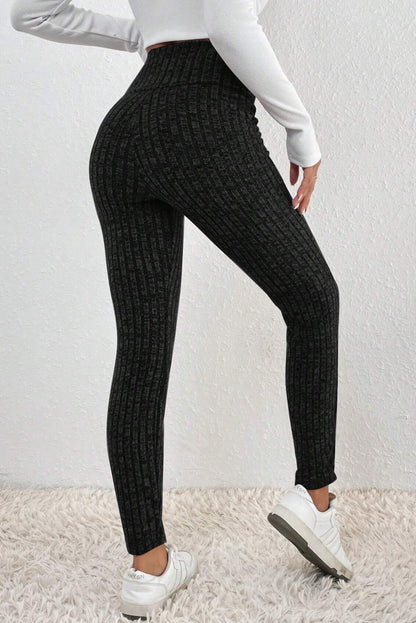 Black Wide Waistband Ribbed Textured Knit Leggings - Mudiwa 