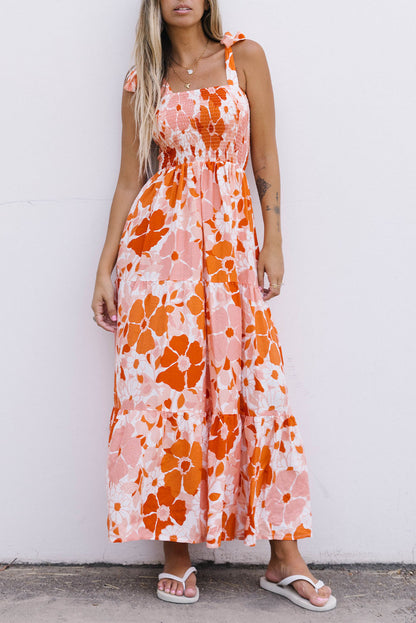 Orange Shirred Lace-up Strap Sleeveless Floral Maxi Dress - Mudiwa 