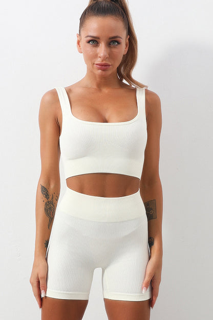 White 2pcs Solid Color Ribbed Knit Yoga Set - Mudiwa 