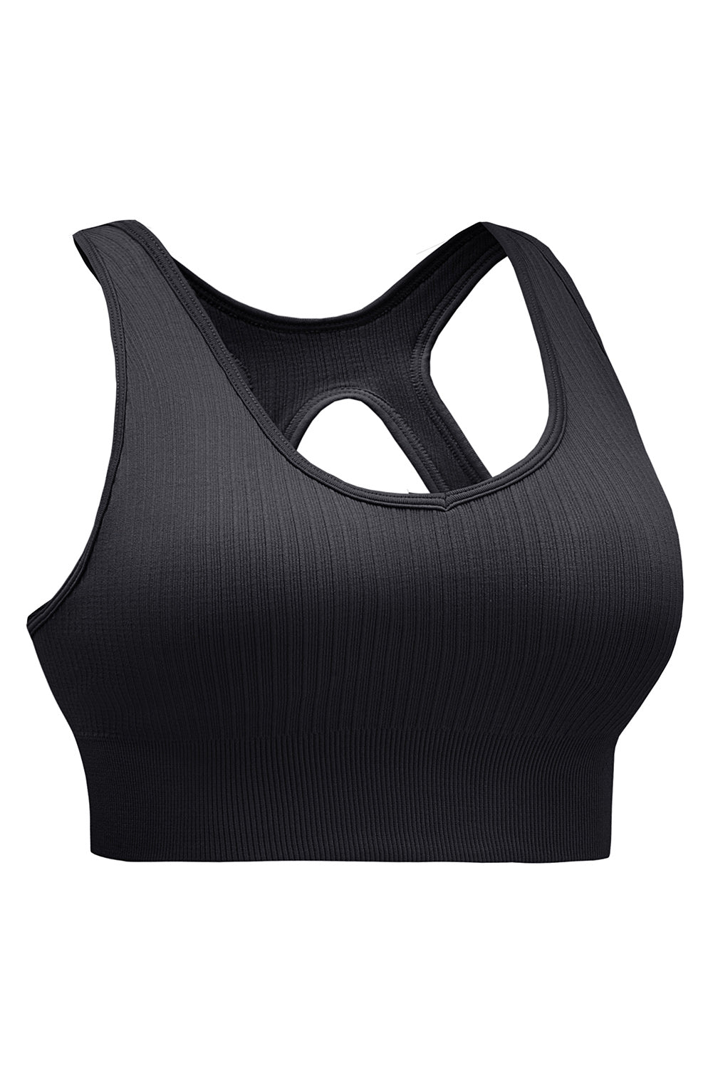 Black Ribbed Hollow-out Racerback Yoga Sports Bra - Mudiwa 