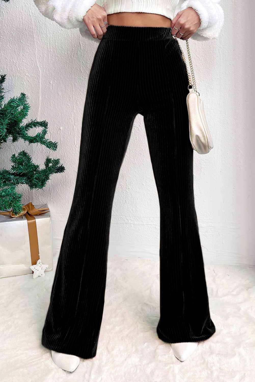 Black Solid Color High Waist Flare Corduroy Pants - Mudiwa 