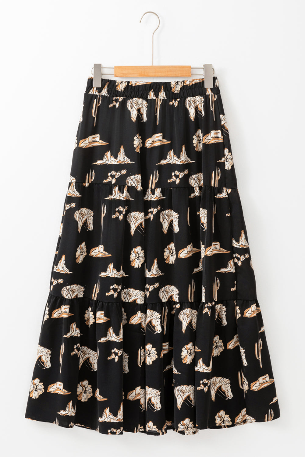 Black Western Print Tiered Ruffled High Waist Maxi Skirt - Mudiwa 