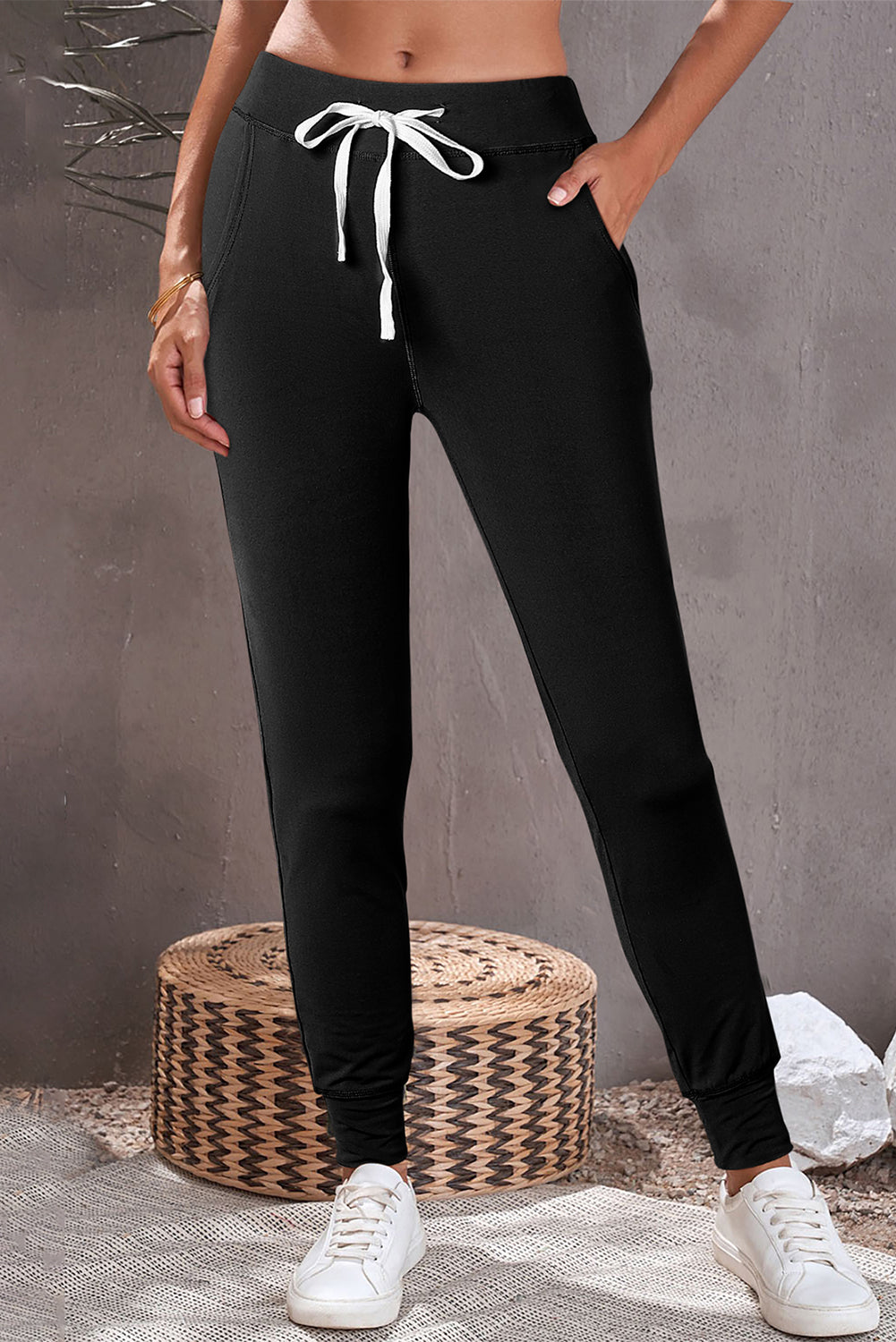 Black Drawstring Waist Pocketed Joggers - Mudiwa 