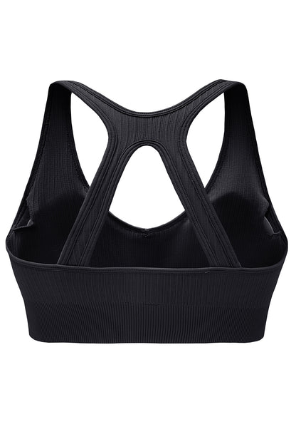 Black Ribbed Hollow-out Racerback Yoga Sports Bra - Mudiwa 