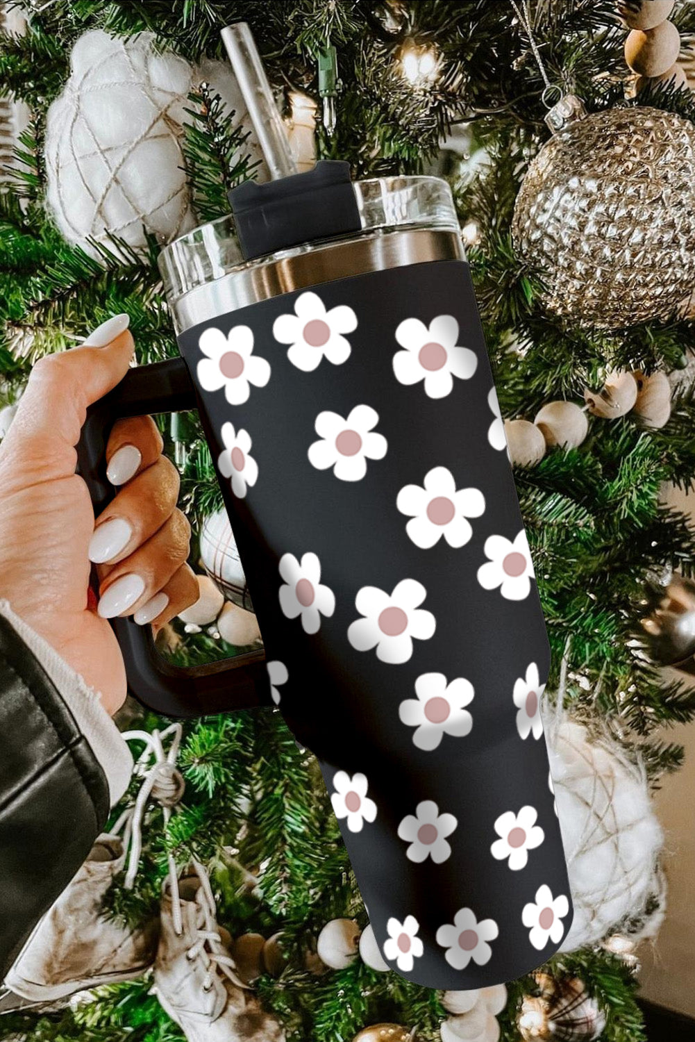 Black Floret Print Stainless Tumbler With Lid And Straw - Mudiwa 