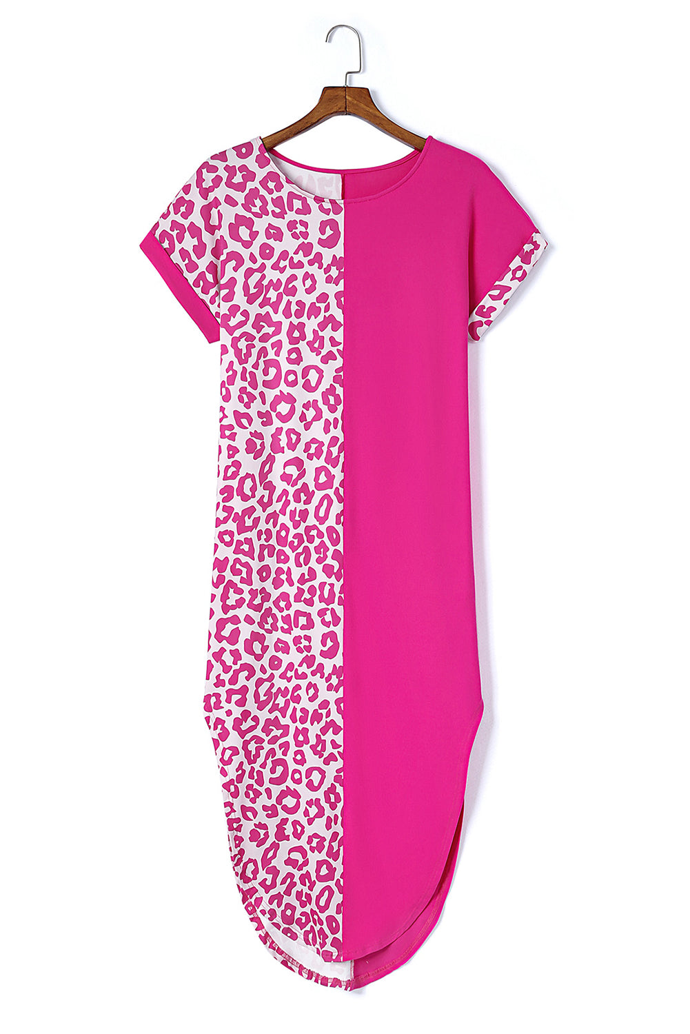 Rose Contrast Solid Leopard Short Sleeve T-shirt Dress with Slits - Mudiwa 