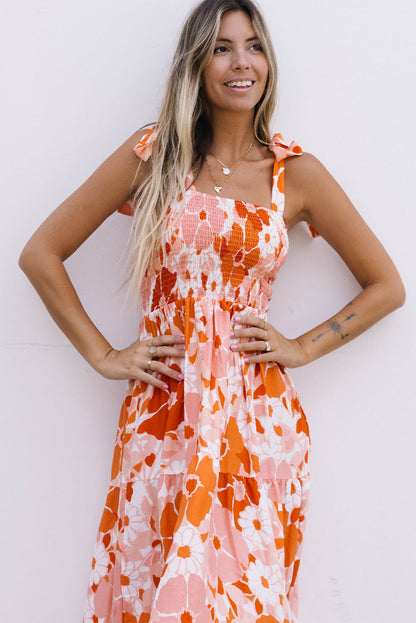 Orange Shirred Lace-up Strap Sleeveless Floral Maxi Dress - Mudiwa 