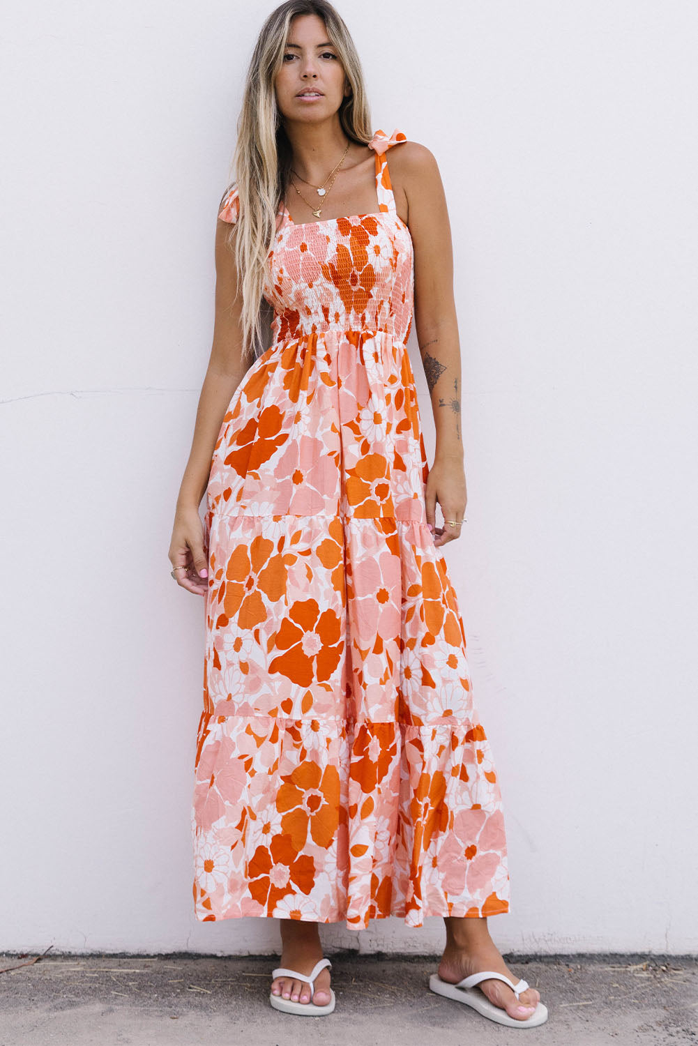 Orange Shirred Lace-up Strap Sleeveless Floral Maxi Dress - Mudiwa 