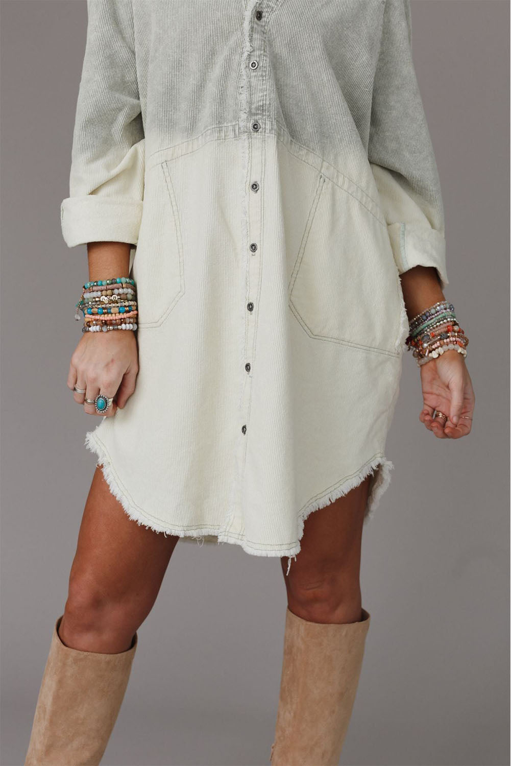 Gray Gradient Long Sleeve Button Up Raw Hem Denim Dress - Mudiwa 