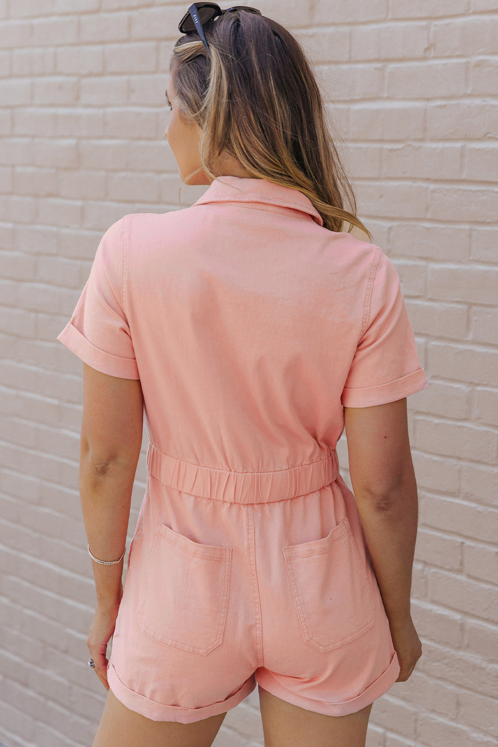 Pink Pocketed Button Down Denim Romper - Mudiwa 