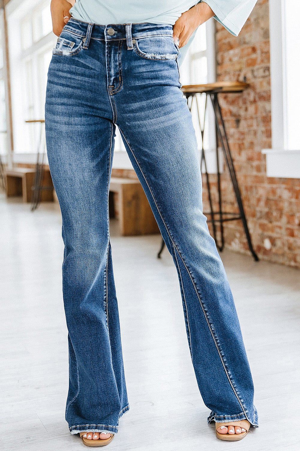 Sky Blue Medium Wash High Rise Flare Jeans - Mudiwa 