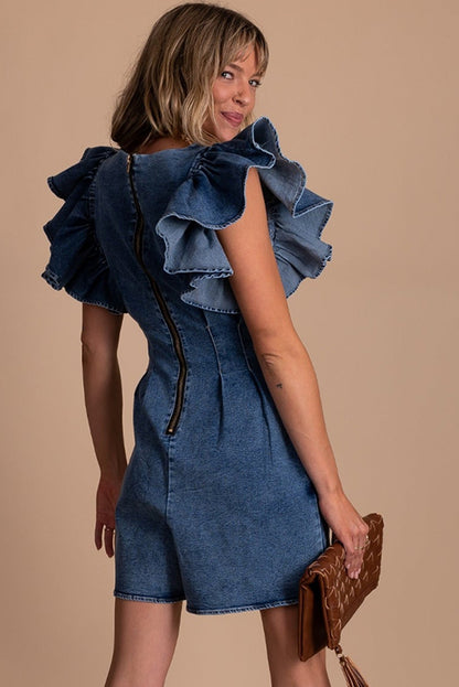 Blue Ruffle Pleated Denim Romper with Pockets - Mudiwa 