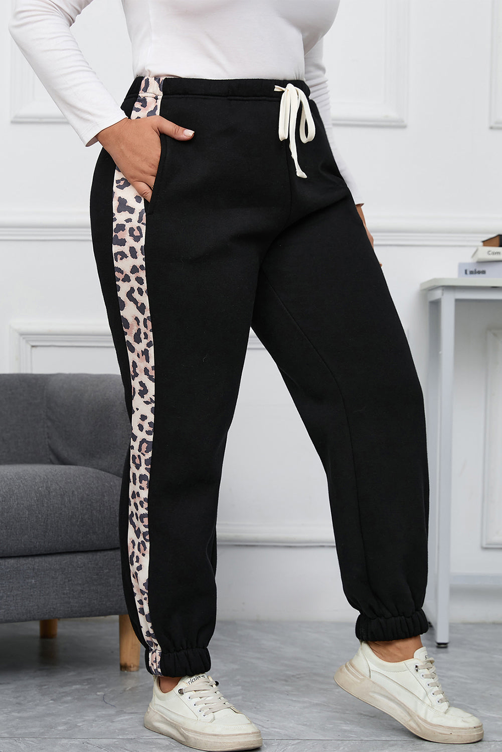 Black Plus Size Contrast Leopard Side Panel Joggers - Mudiwa 