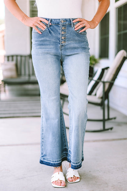 Sky Blue High Waist Buttoned Distressed Flared Jeans - Mudiwa 