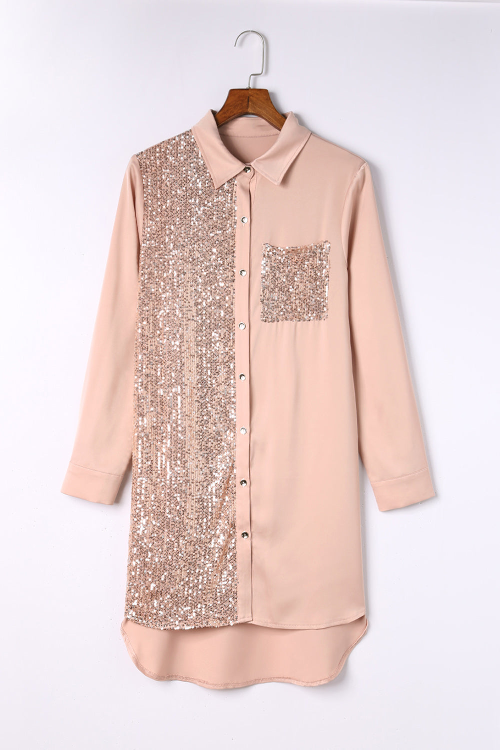 Khaki Sequin Splicing Pocket Buttoned Shirt Dress