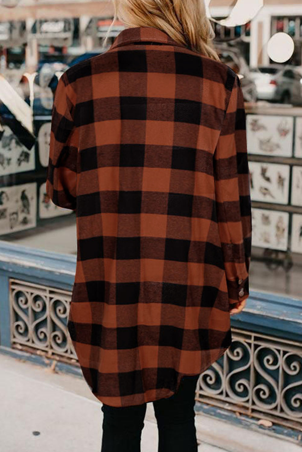 Brown Turn-down Collar Plaid Shirt Coat - Mudiwa 