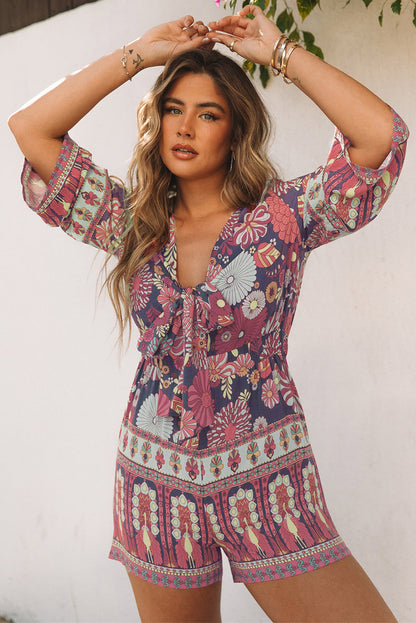 Purple Vintage Printed 3/4 Sleeves V Neck Romper - Mudiwa 