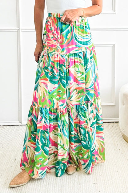 Green Abstract Printed High Waist Tiered Maxi Skirt - Mudiwa 