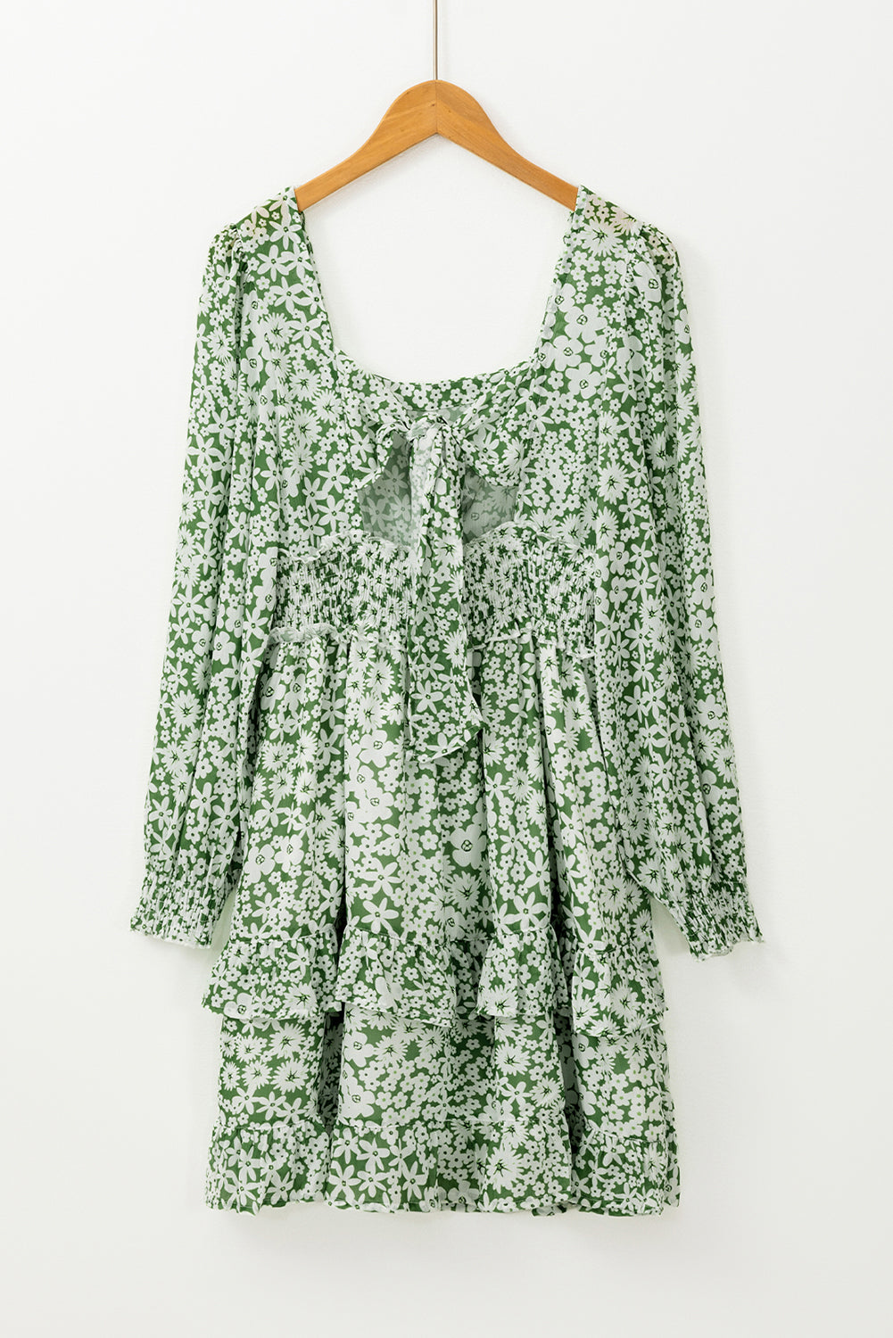 Green Floral Print Square Neck Shirred Waist Tiered Ruffled Mini Dress - Mudiwa 