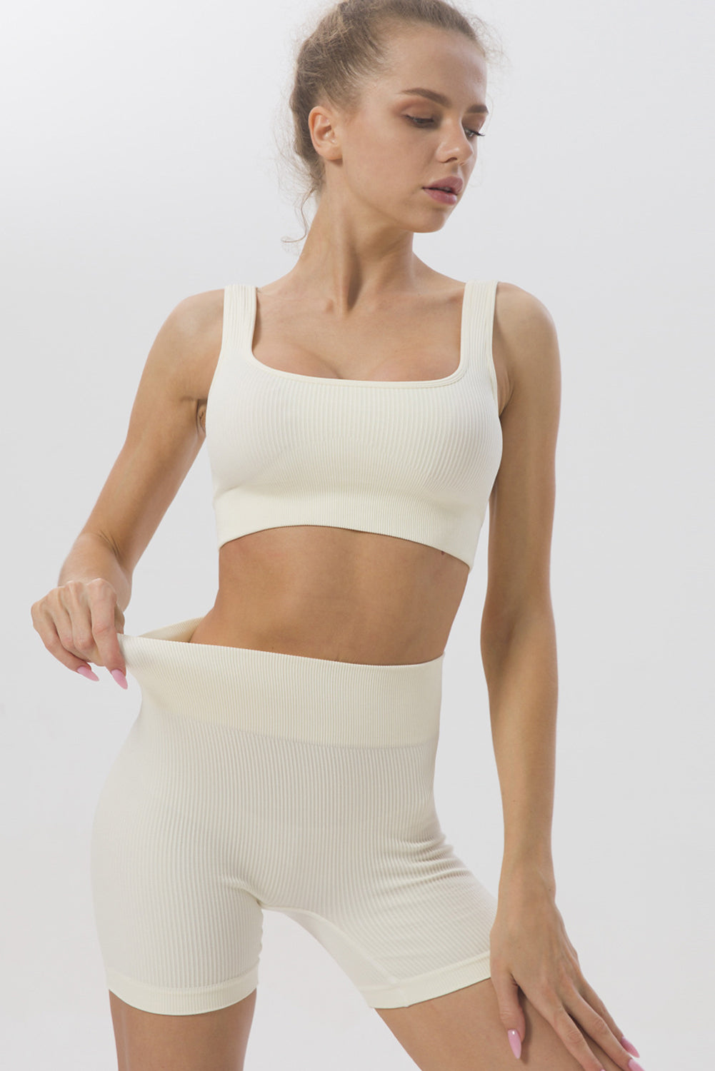 White 2pcs Solid Color Ribbed Knit Yoga Set - Mudiwa 