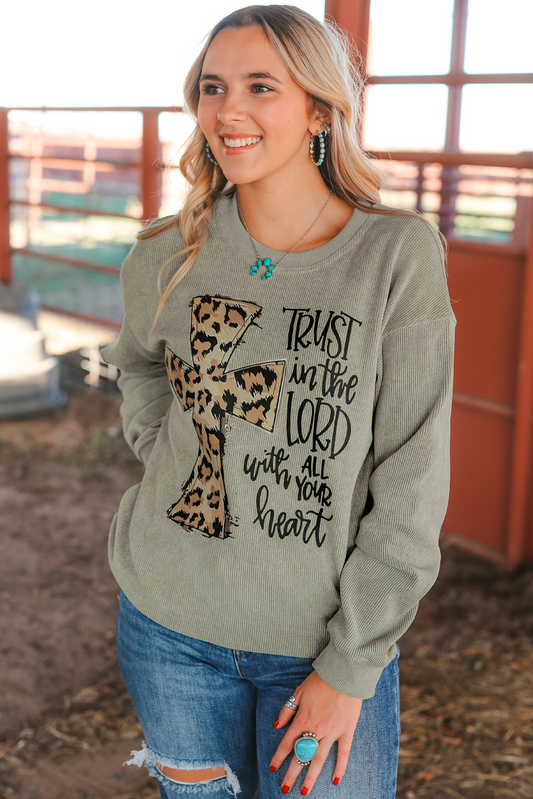 Green Leopard Jesus Cross Corded Oversized Sweatshirt - Mudiwa 