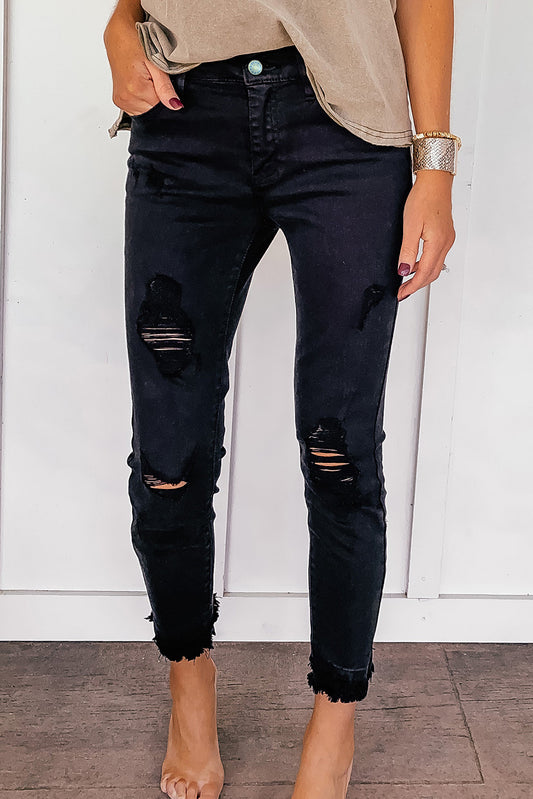 Black Distressed Raw Edge Cropped Skinny Jeans - Mudiwa 