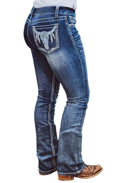 Sky Blue Embroidered Cow Straight Leg Jeans - Mudiwa 