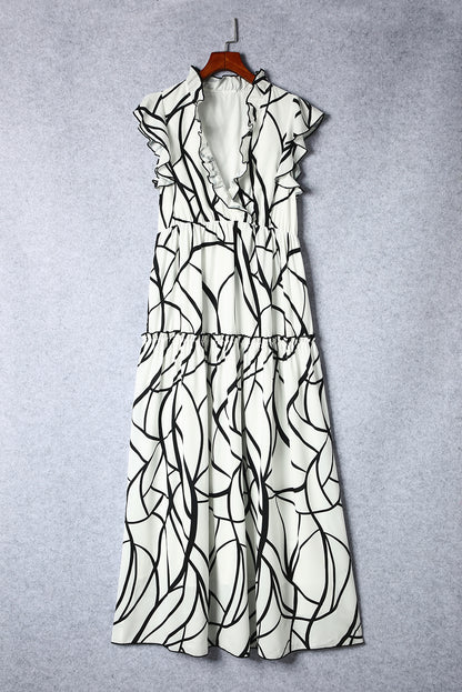 White Abstract Vein Print V Neck Ruffle Maxi Dress - Mudiwa 