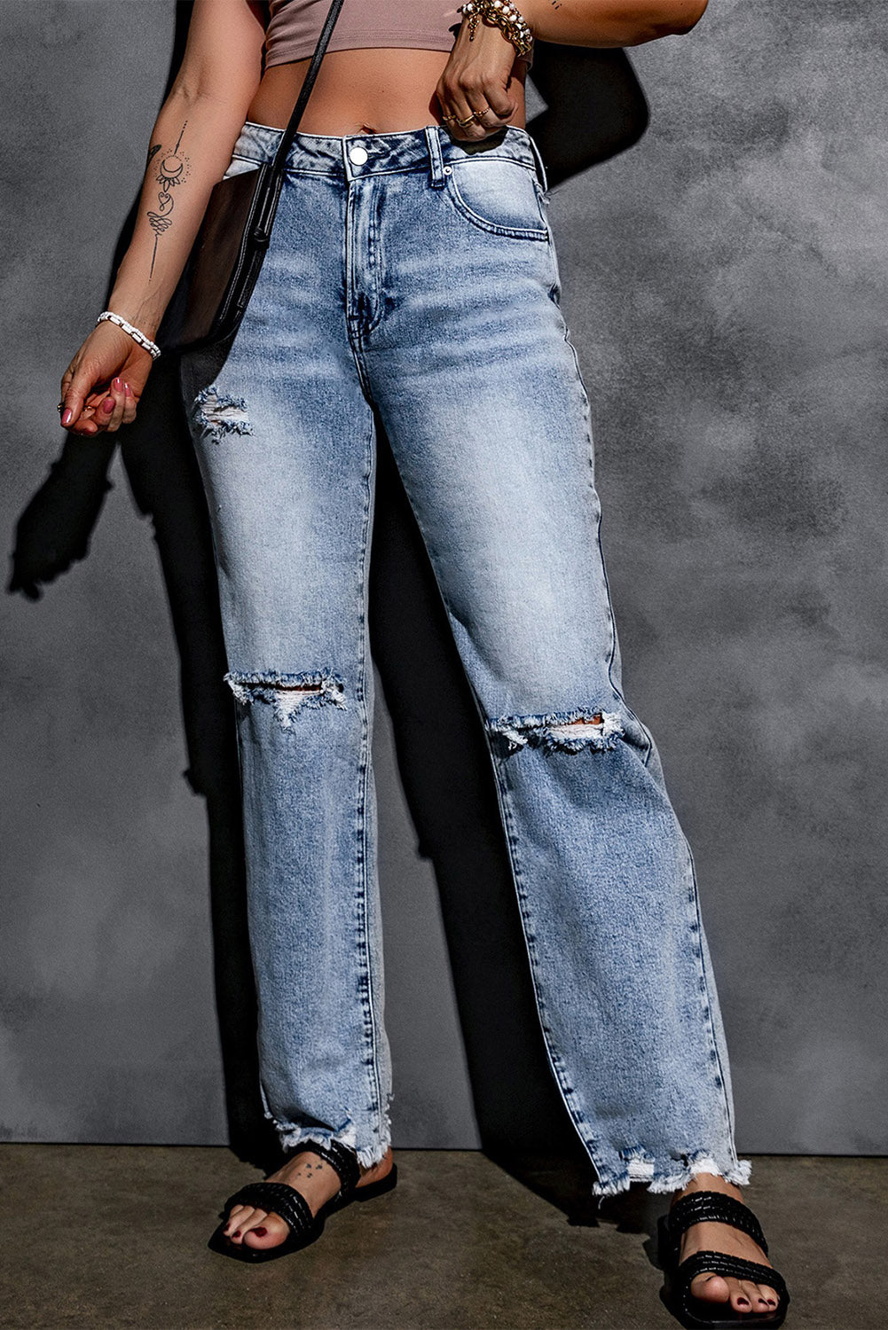 Sky Blue Washed Ripped Wide Leg High Waist Jeans - Mudiwa 