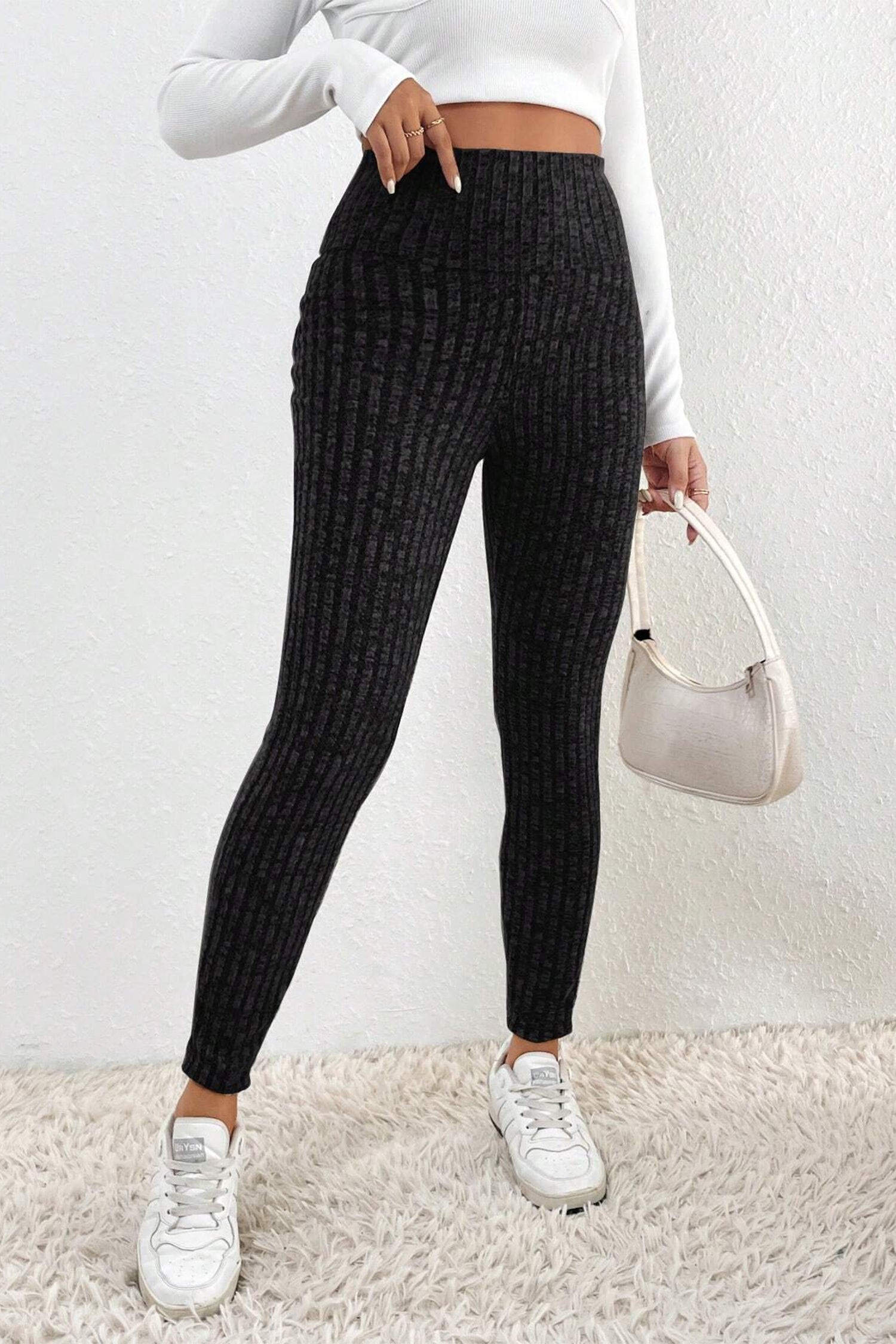 Black Wide Waistband Ribbed Textured Knit Leggings - Mudiwa 