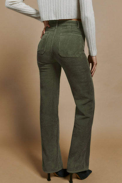 Green High Waist Square Pockets Corduroy Pants - Mudiwa 